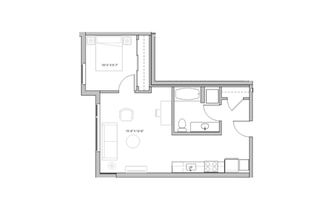 Floor plan for 1 bed, 1 bath, 785 sqft